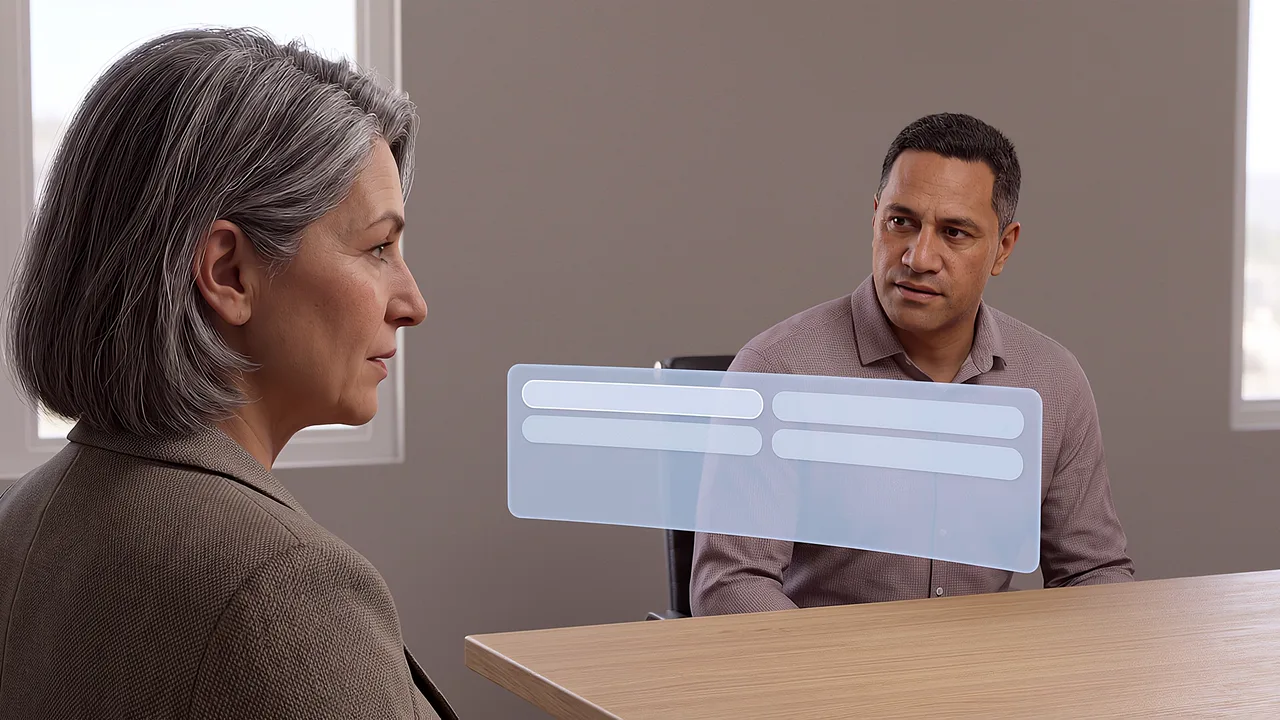 Two leaders confer in a plain meeting room, seen through the headset.