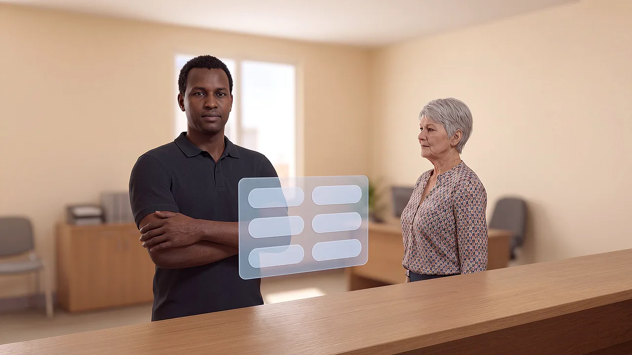 A resident raises a concern at a service counter while another listens, seen through the headset.