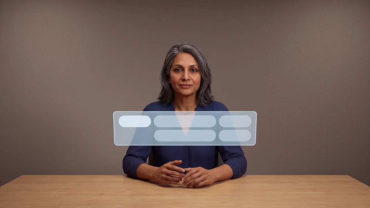 A director sits at a meeting room table, a panel of options floating in front of her.