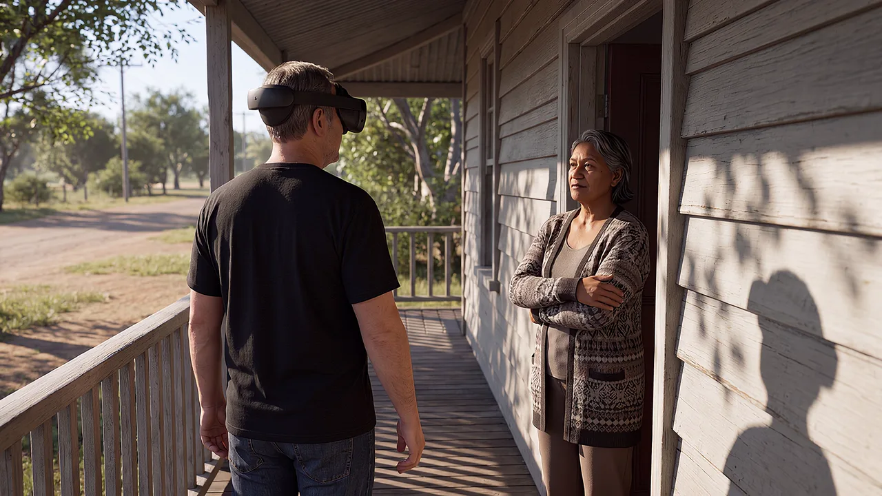 An outreach officer talks at a woman's doorway. A VR training scenario for government and public sector.