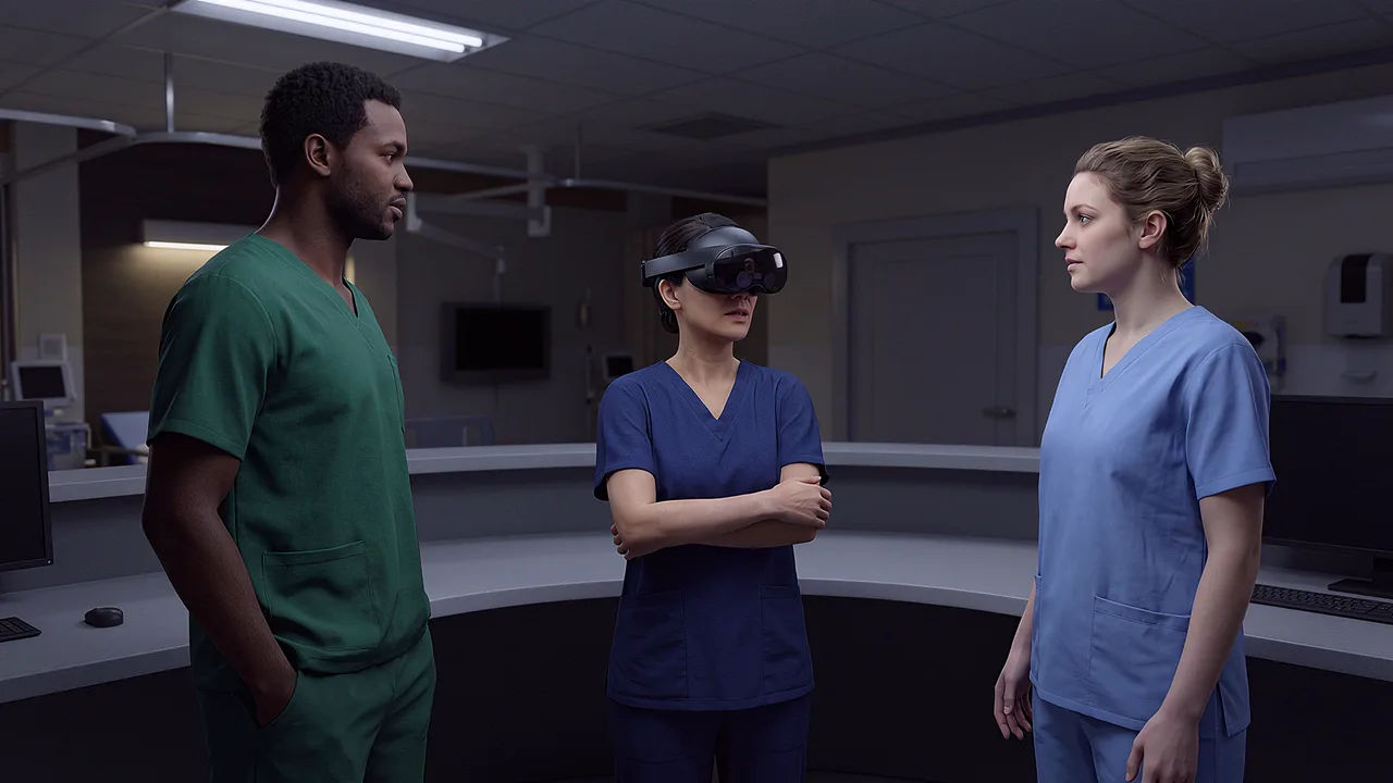A charge nurse in green scrubs briefs nurses at a ward station, a headset visible among them.