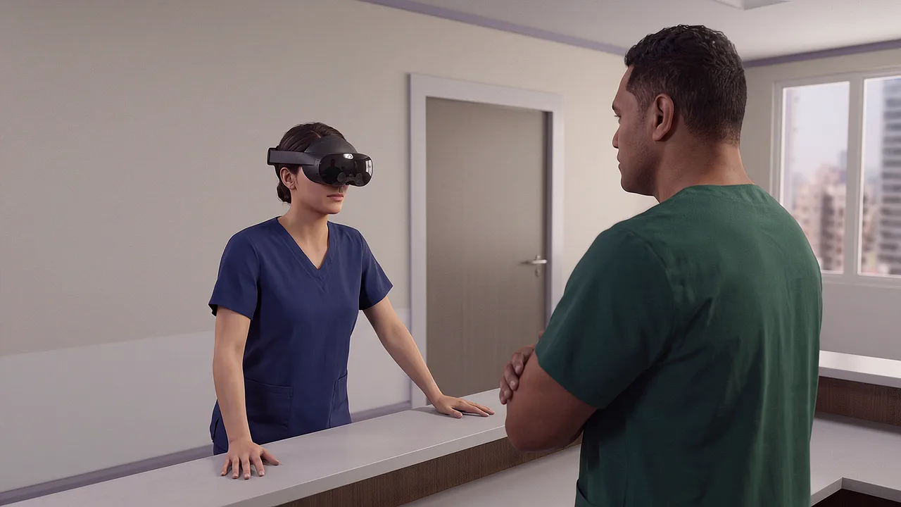Nurses discuss a handover at a ward station, a headset on the nearer nurse, a corridor behind them.
