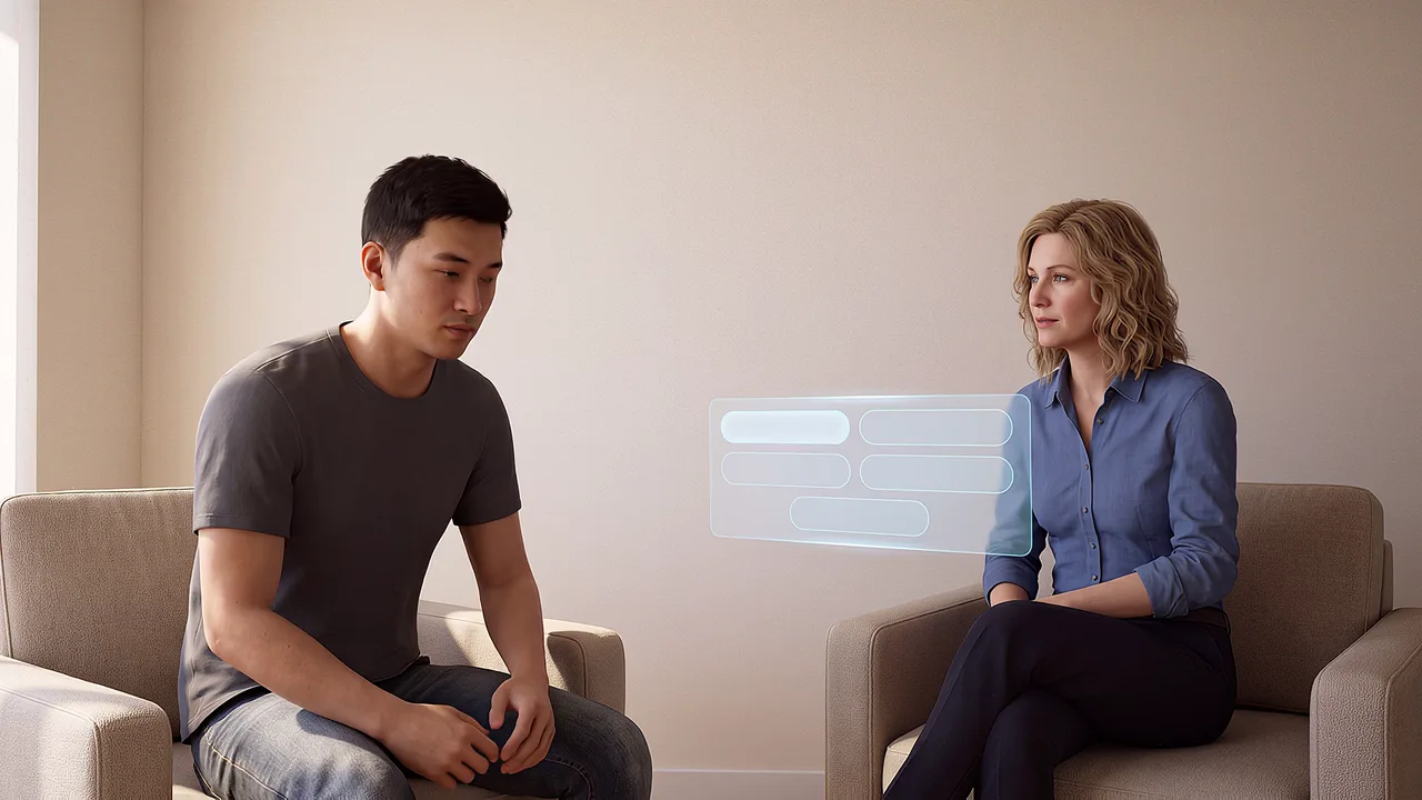 A support worker talks with a young man. A first person VR training scenario for healthcare, seen through the headset.