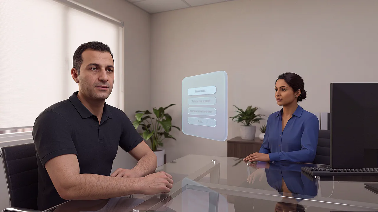 A man sits apart from a counsellor. A first person VR training scenario for justice and community services, seen through the headset.