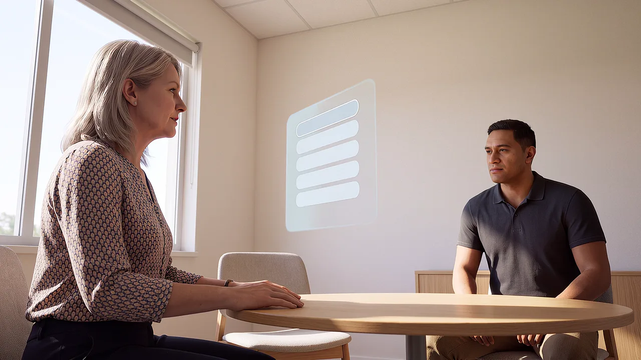 Two people sit apart in a mediation room. A first person VR training scenario for justice and community services, seen through the headset.