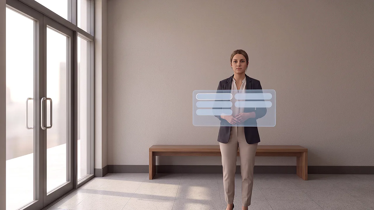 A young woman waits in the courthouse foyer. A first person VR training scenario for justice and community services, seen through the headset.