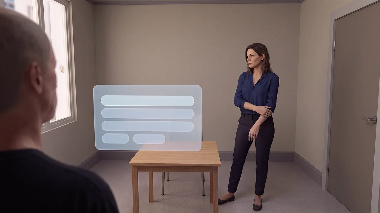 A woman waits alone, glancing at the door. A first person VR training scenario for justice and community services, seen through the headset.