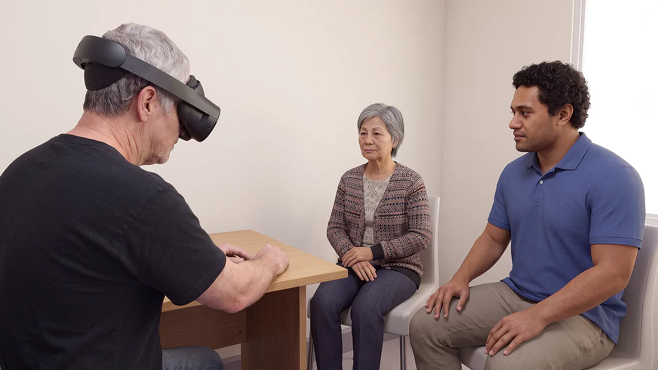 A lawyer and interpreter meet an older woman. A VR training scenario for justice and community services.