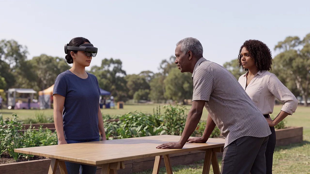 A legal aid worker speaks with park visitors. A VR training scenario for justice and community services.