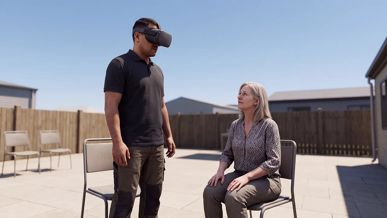A VR justice and community services training scenario in which a caseworker stands to talk with a woman seated in a drop-in centre courtyard.