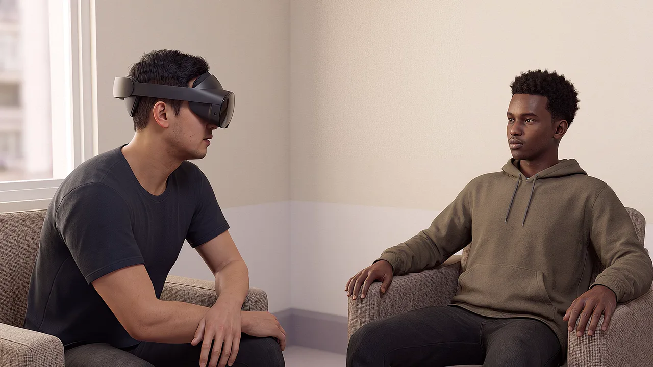 A community-centre mentor sits with a young man. A VR training scenario for justice and community services.