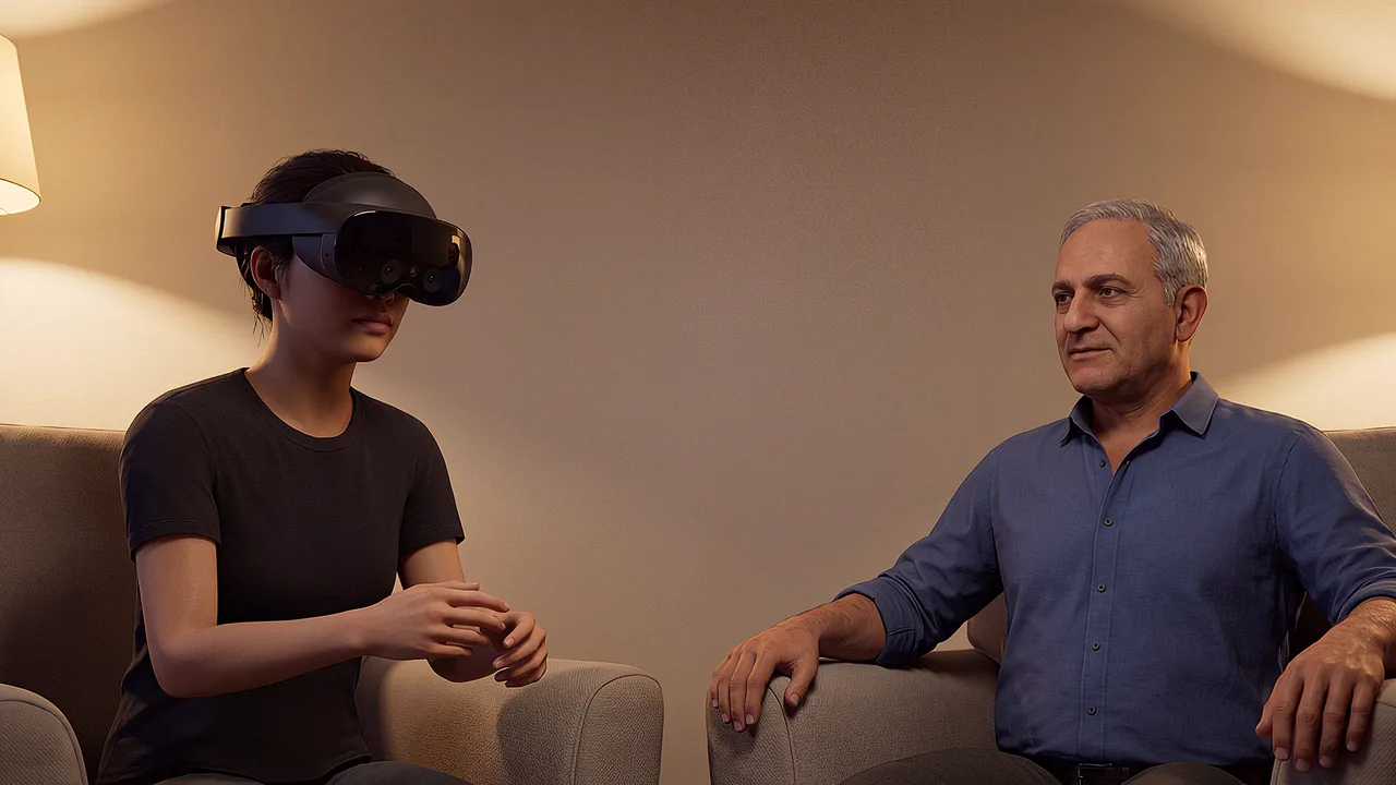 Two camp residents sit in the common room. A VR training scenario for mining and resources.