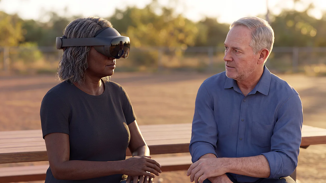 A liaison officer sits with a local elder. A VR training scenario for mining and resources.