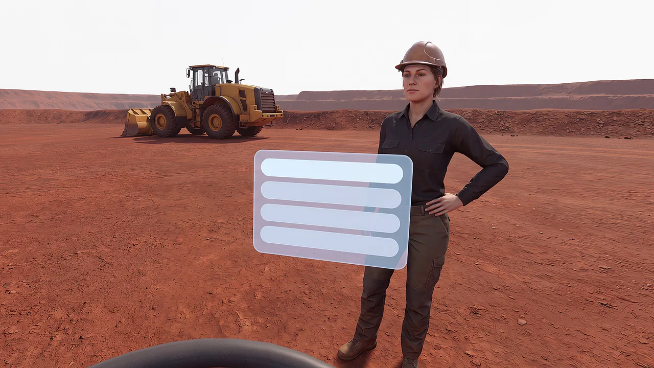 A loader operator stands alone on the bench. A first person VR training scenario for mining and resources, seen through the headset.