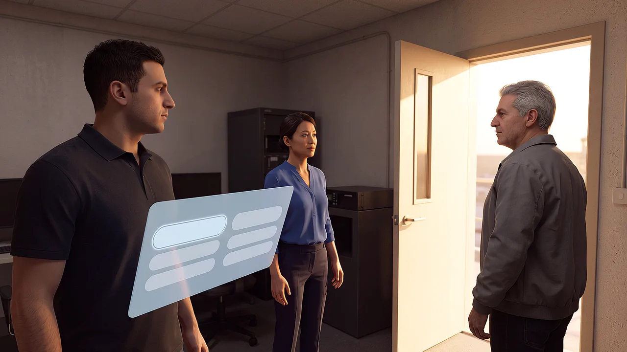 Three colleagues near a control room doorway. A first person VR training scenario for mining and resources, seen through the headset.