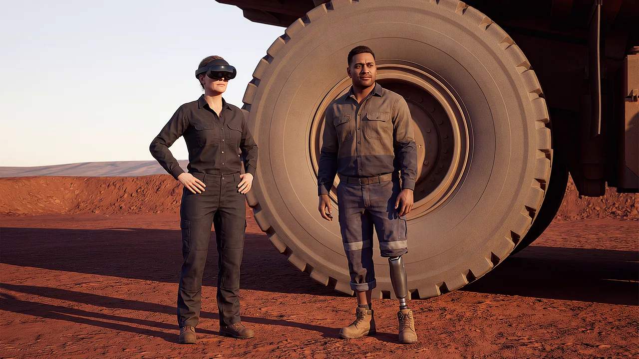 A prosthetic-legged haul-truck operator stands beside a colleague. A VR training scenario for mining and resources.