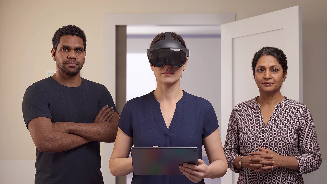 Three colleagues review a session on a tablet, one of them still wearing the headset.