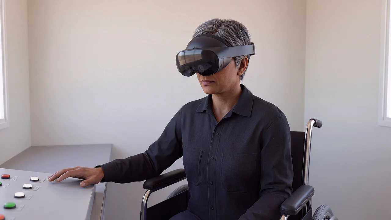 A technician using a wheelchair works at controls. A VR training scenario for mining and resources.