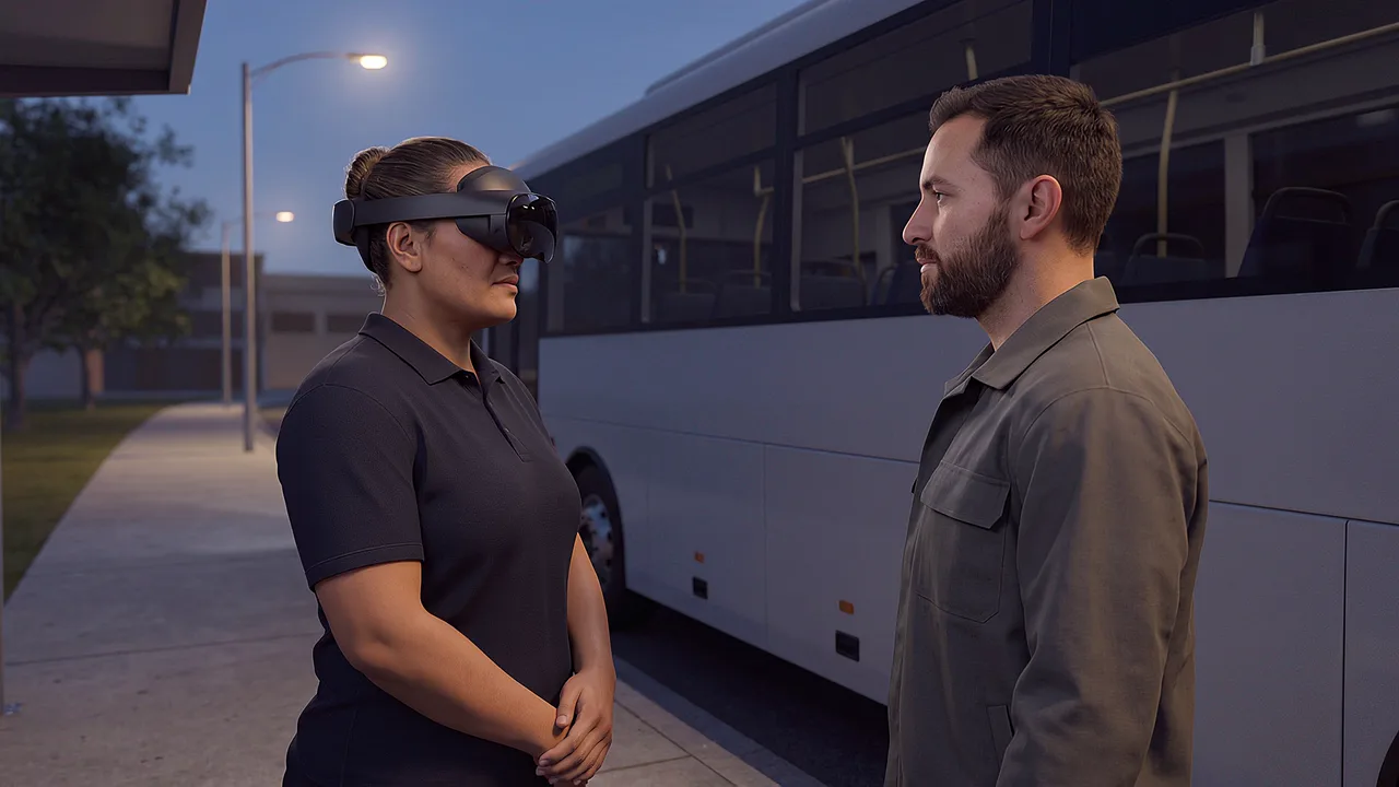 Two bus drivers stand together at a kerb. A VR training scenario for transport and logistics.