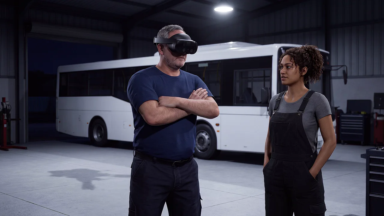 A mechanic and apprentice stand beside a bus. A VR training scenario for transport and logistics.