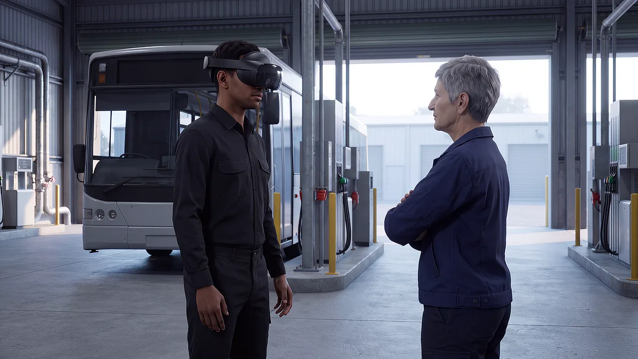 A fuel attendant wearing a headset waits beside a bus driver in a depot fuel bay, a VR transport scenario.