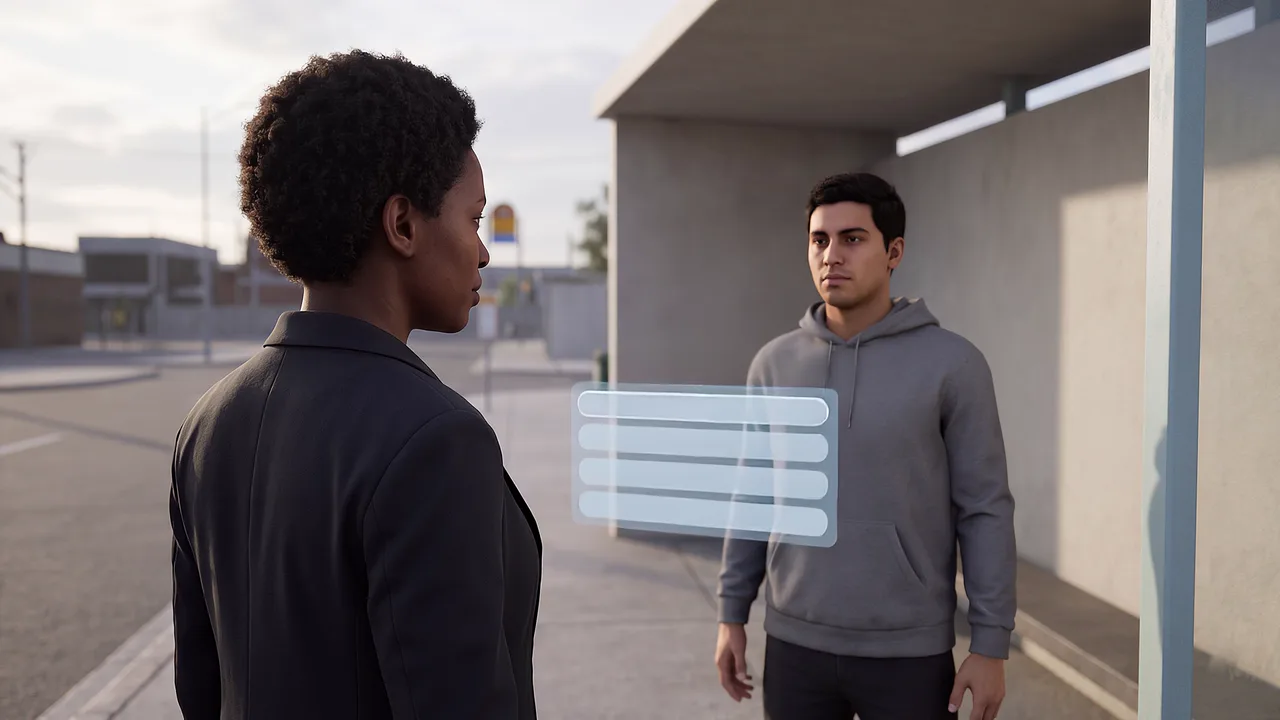 Two colleagues stand apart beside an interchange shelter. A first person VR training scenario for transport and logistics, seen through the headset.