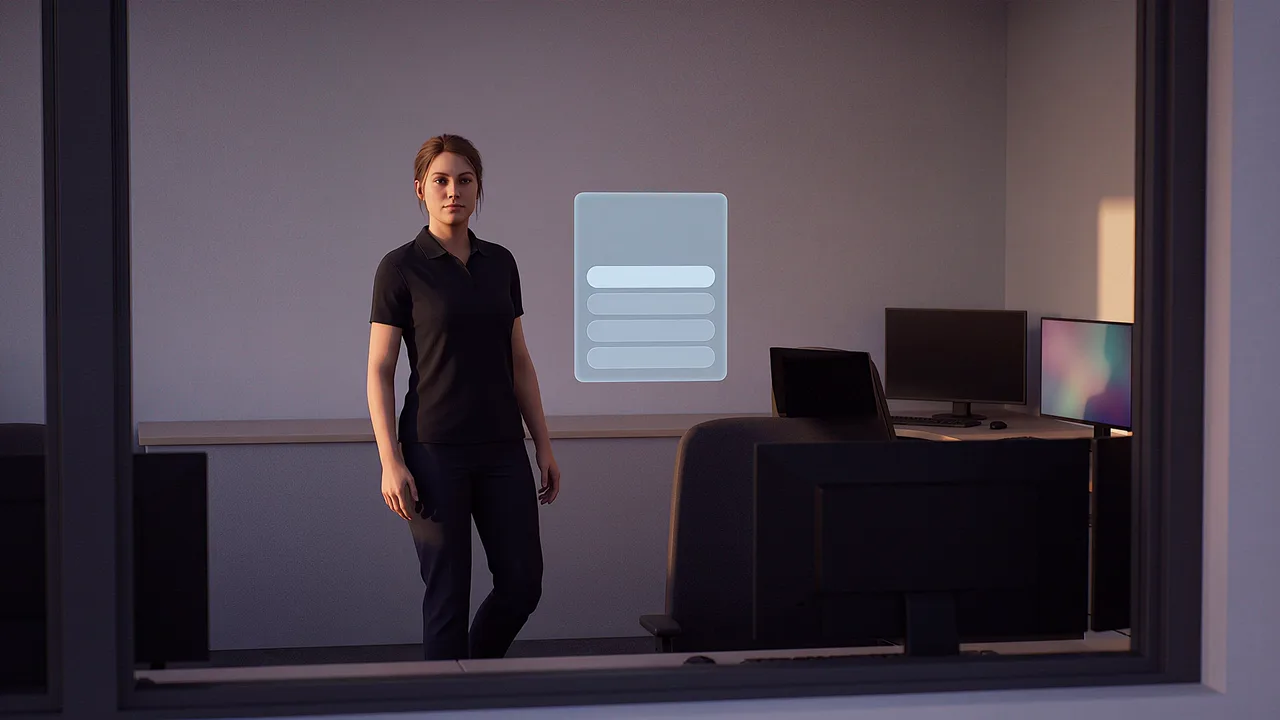 A dispatcher stands alone in the control room. A first person VR training scenario for transport and logistics, seen through the headset.
