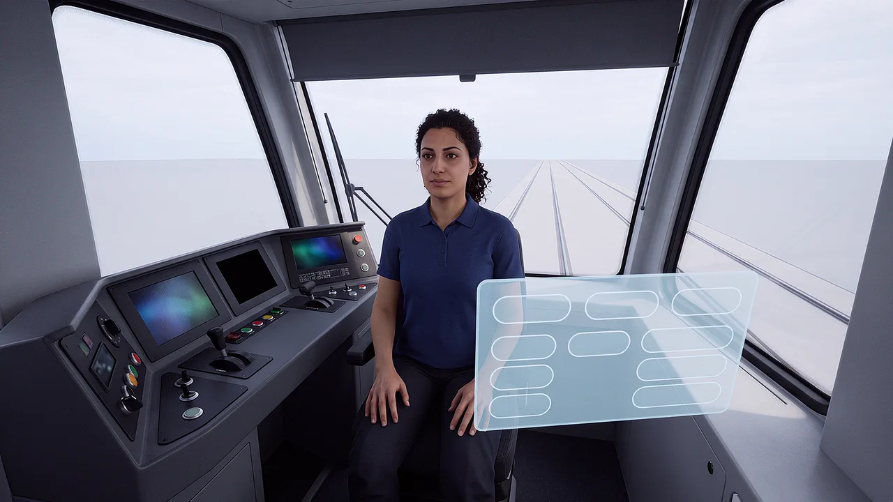 A tram driver faces an empty track ahead. A first person VR training scenario for transport and logistics, seen through the headset.