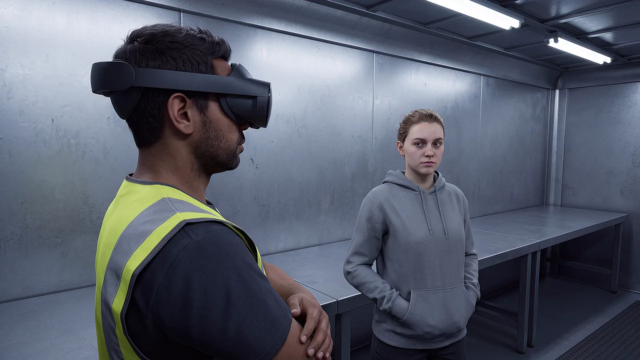 A depot supervisor stands beside a young sorter. A VR training scenario for transport and logistics.