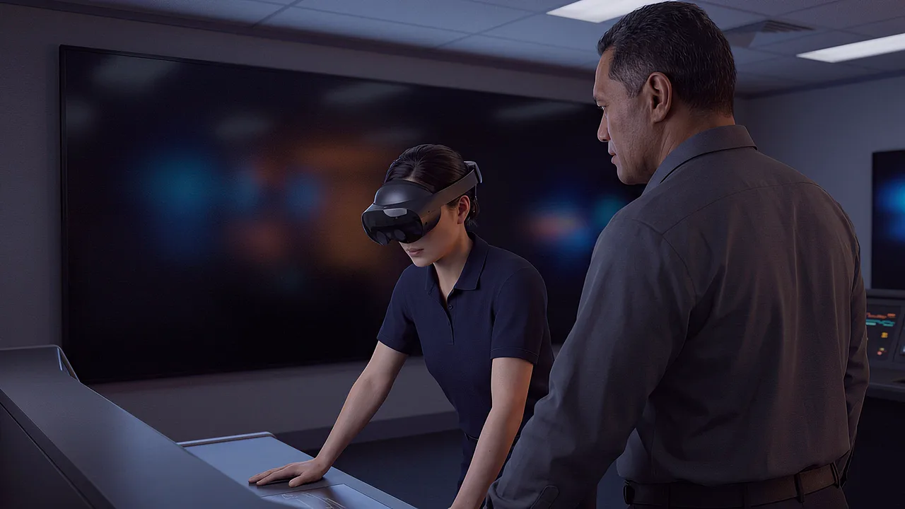 A rail trainer and trainee share one screen. A VR training scenario for transport and logistics.