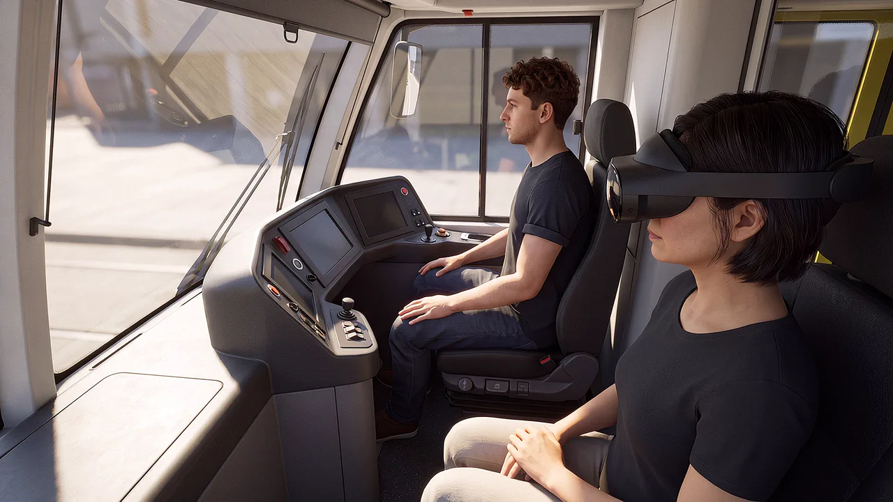 A tram instructor sits beside a trainee driver wearing a headset in a tram cab, a VR transport scenario.