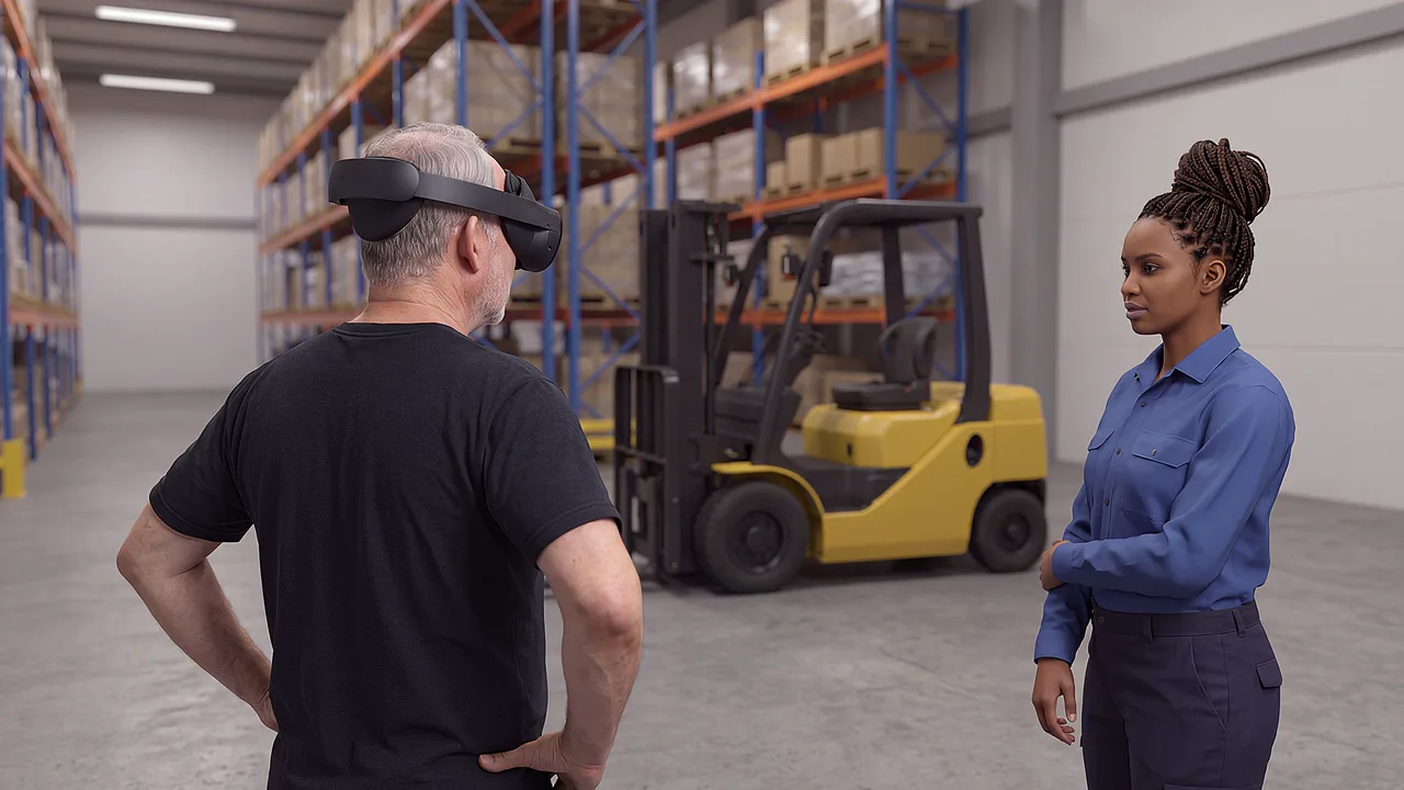 A supervisor and operator stand beside a forklift. A VR training scenario for transport and logistics.