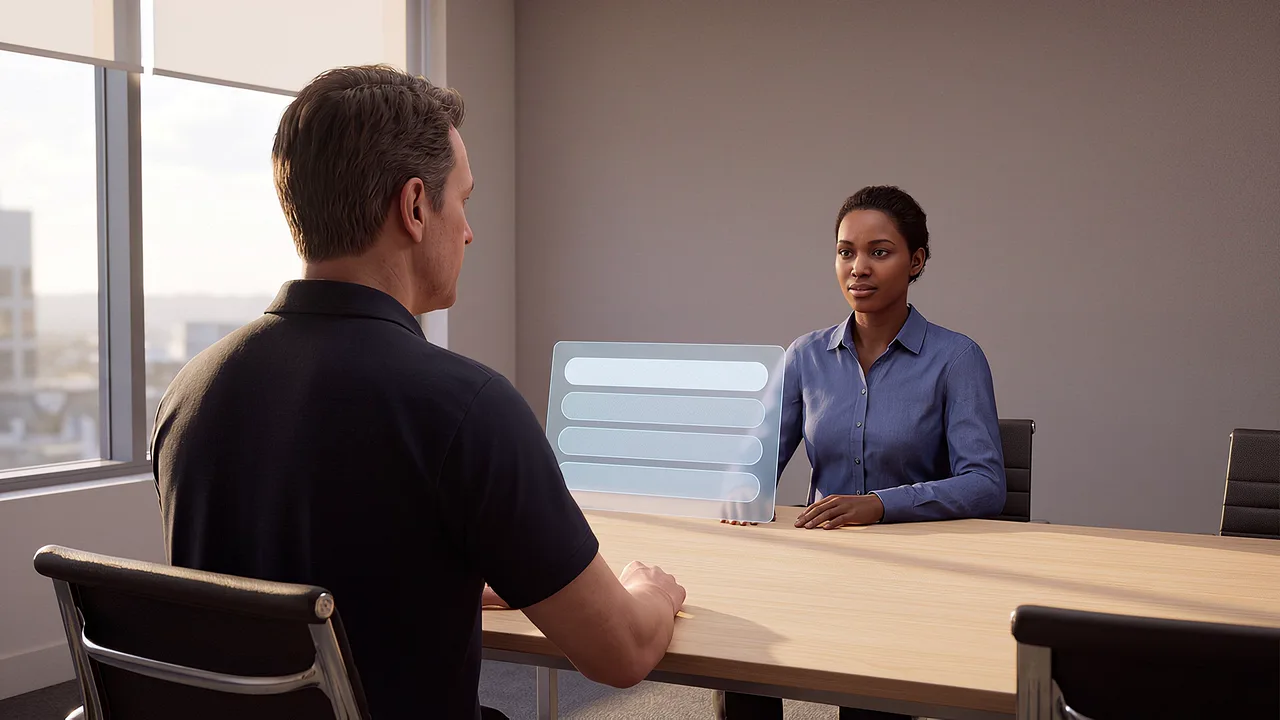 Two colleagues talk across a meeting room table, a panel of reply choices beside them.
