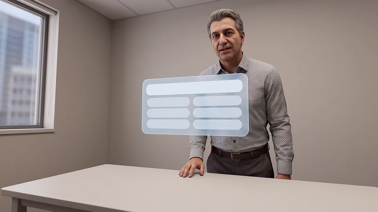 An adviser stands across a desk with a conversation panel beside him.