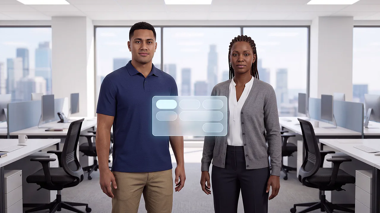 Two colleagues stand in an open team area with a floating panel of replies between them, seen through the headset.