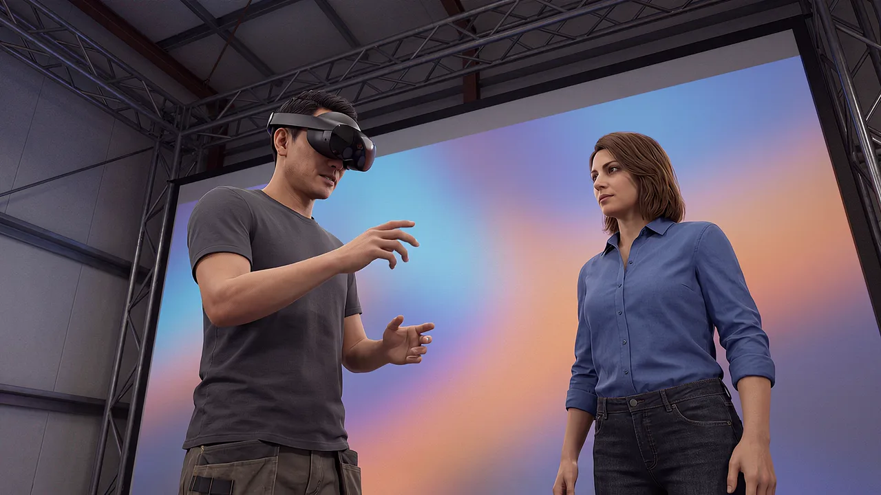 A man in a headset gestures in front of a wall-sized soft-gradient screen while a colleague in a blue shirt watches from beside him.