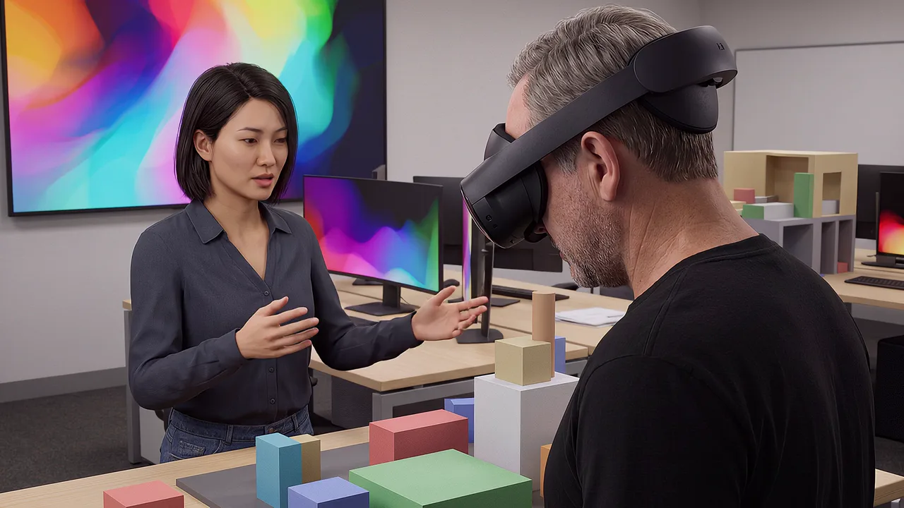 Two people at a workbench with a coloured display behind them, one wearing a headset, the other placing coloured blocks on a table. A scene for PTR's games and interactive builds.