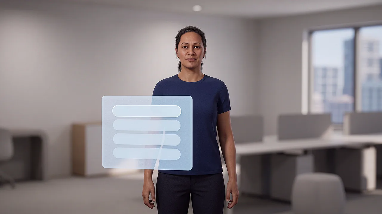 A woman in a navy top stands in an office with a translucent panel of blank lines floating in front of her.