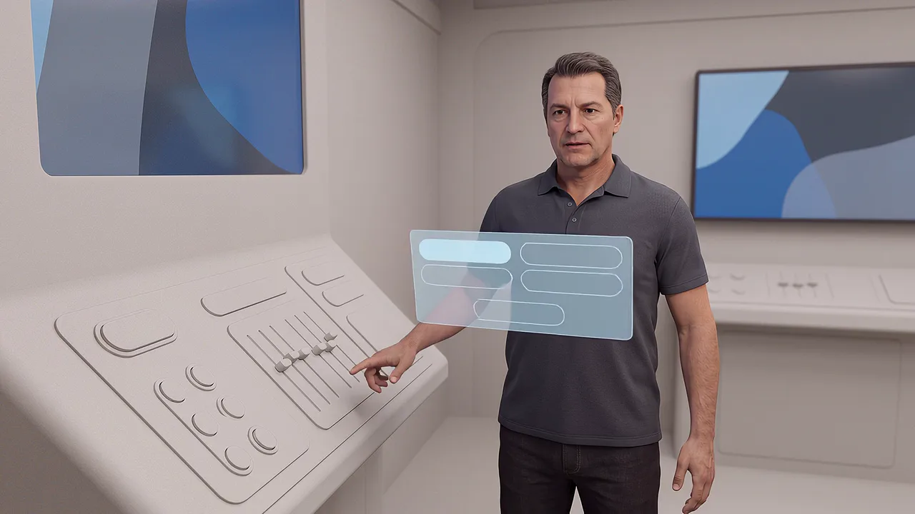 A man in a grey polo points at plain sliders on a white console while a translucent panel hovers beside him.