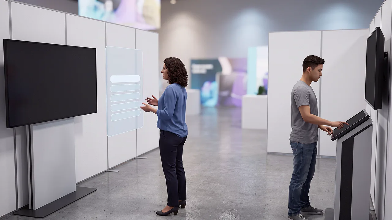 Two people try the exhibits in an expo space, one of them at a touchscreen stand.