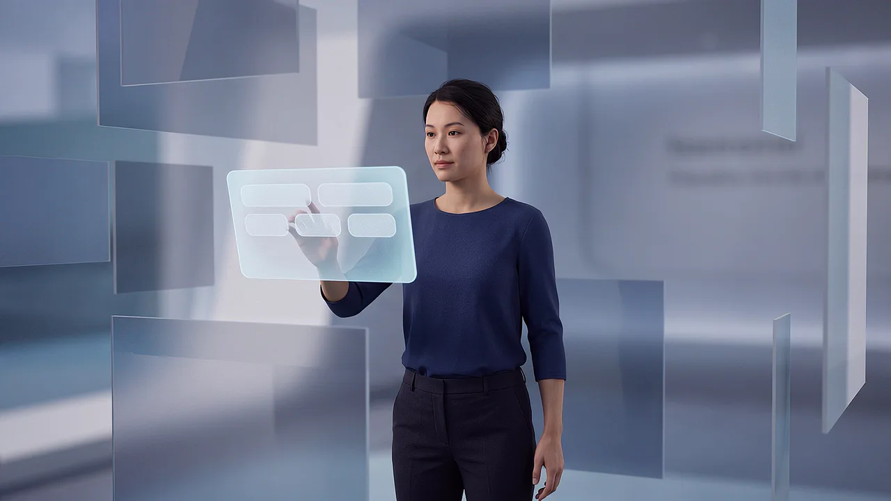 A woman touches a floating translucent panel among larger panes in a pale blue space, seen from inside the headset.