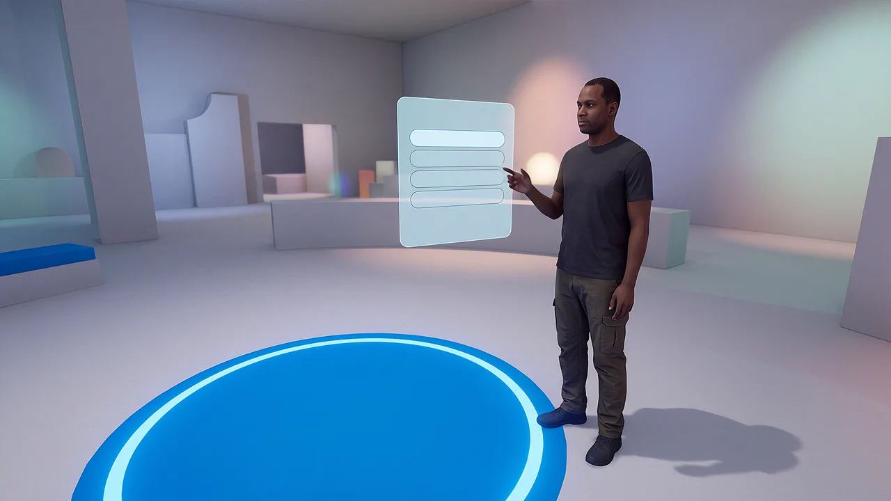 A person stands beside a glowing ring in a room, a floating panel at hand. A rapid prototyping scenario for fast builds.