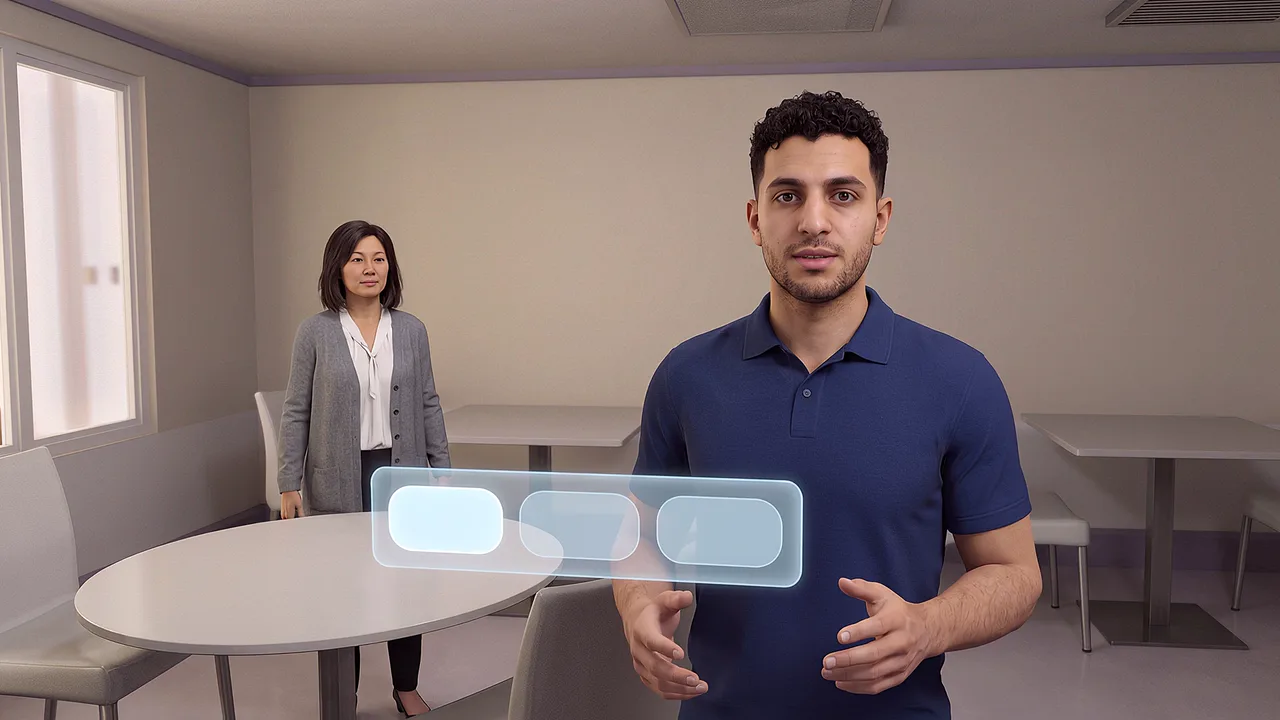 A man in a blue shirt speaks across a team room with a floating panel of replies in front of him, a colleague behind, seen through the headset.