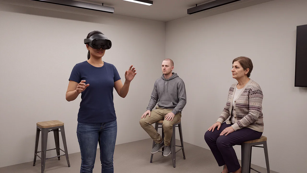 A participant in a headset practises while two colleagues watch.