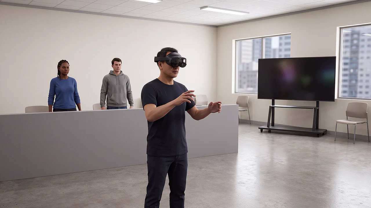 A participant rehearses in the headset while two observers watch from another part of the room.
