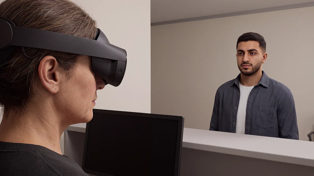 Two people practise a service conversation. A VR training scenario for virtual reality training and simulation.