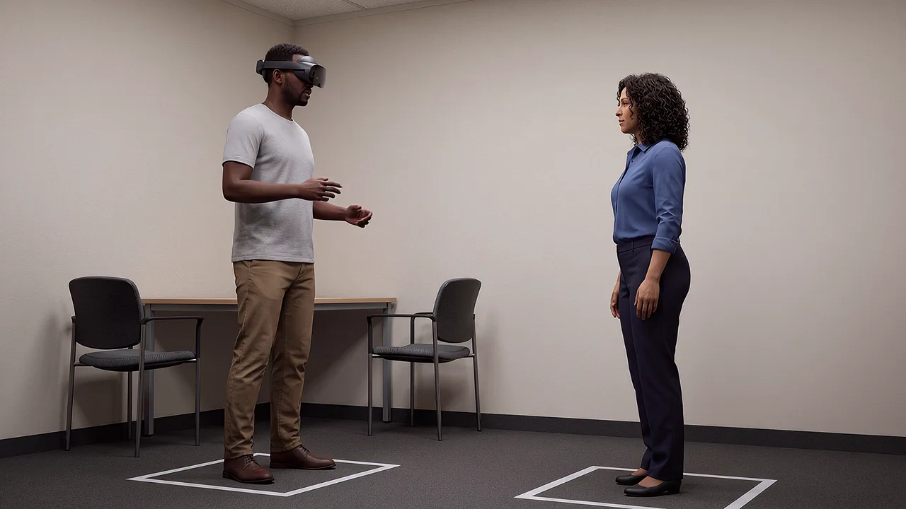 Two people rehearse a standing workplace conversation.