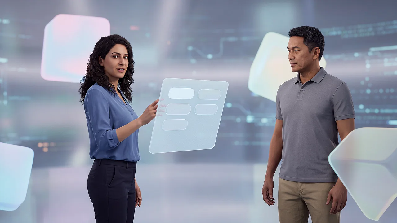 Two people beside floating abstract shapes, one holding the answer given and one the intended flow. A first person AI roleplay scenario for applied AI in sensitive conversations, seen through the headset.