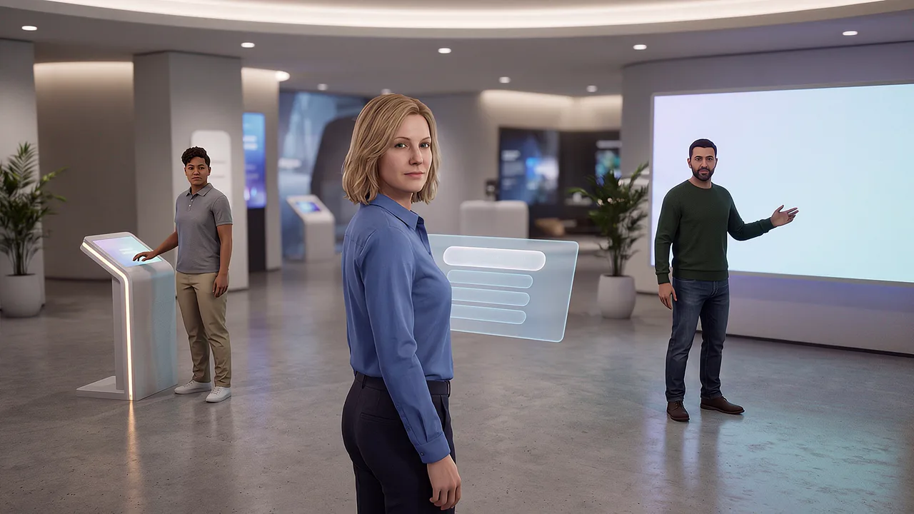 Three practice partners at separate points in a demonstration space, each beside its own interaction point. A first person AI roleplay scenario for AI roleplay and practice.