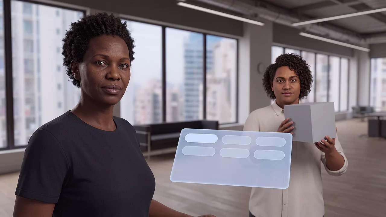 Two colleagues test an AI build in an open office, a response panel floating between them. A rapid prototyping scenario for fast builds.